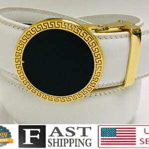 Fashion Leather Gold Slide White Men's Belt Automatic Buckle Jeans Dress Fashion